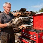 Mécanicien de 55 ans tenant une pièce de voiture d'occasion devant une boîte à outils rouge dans une casse automobile