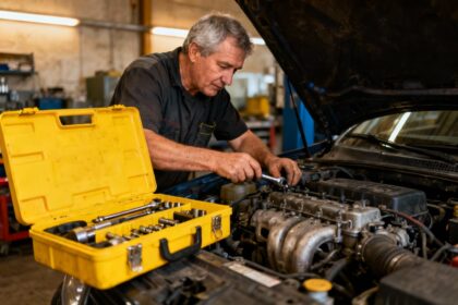 Mécanicien européen de 55 ans réparant un moteur de voiture dans l'atelier Essor Automobiles Reims avec une boîte à outils jaune