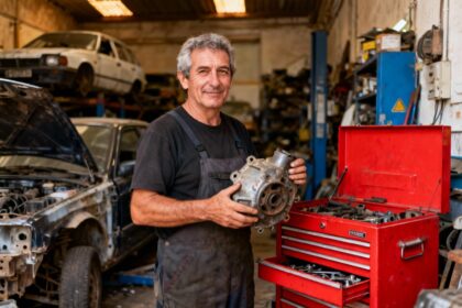 Mécanicien de 55 ans tenant une pièce de voiture recyclée devant une boîte à outils rouge vif