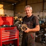 Mécanicien expérimenté tenant une pièce de voiture dans un atelier de recyclage automobile à Grenoble