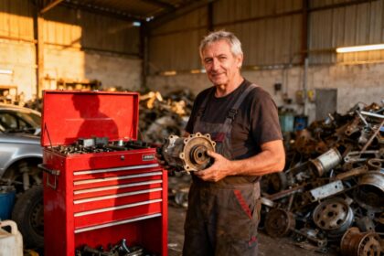 Mécanicien expérimenté tenant une pièce de voiture dans un atelier de recyclage automobile à Grenoble