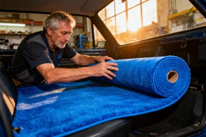 Mécanicien expérimenté installant une moquette bleue vif dans l'habitacle d'une voiture, atelier lumineux