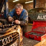 Mécanicien expérimenté travaillant sur le moteur d'une Audi A3 dans un atelier bien éclairé avec une boîte à outils rouge