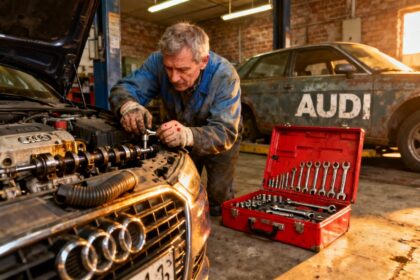Mécanicien expérimenté travaillant sur le moteur d'une Audi A3 dans un atelier bien éclairé avec une boîte à outils rouge