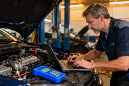 Mécanicien européen de 45 ans concentré sur la reprogrammation d'un moteur avec un outil de diagnostic bleu