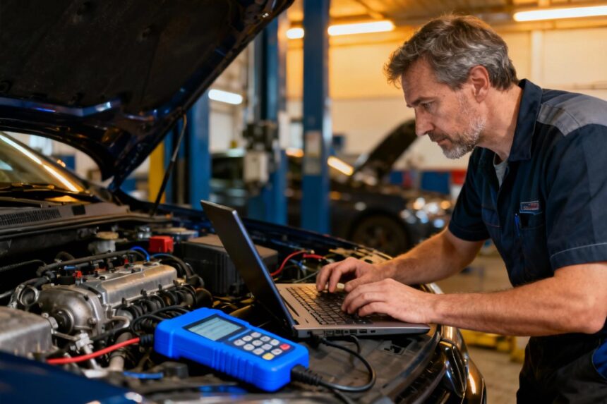 Mécanicien européen de 45 ans concentré sur la reprogrammation d'un moteur avec un outil de diagnostic bleu