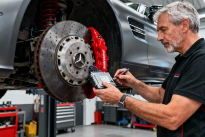Mécanicien européen réglant l'ECU d'une Mercedes AMG GT rouge avec étriers rouges dans un atelier moderne