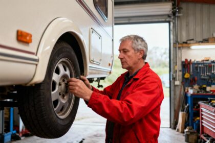 Mécanicien européen de 55 ans en veste rouge inspectant une roue de caravane dans un atelier équipé