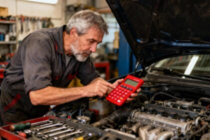 Mécanicien de 55 ans en train d'inspecter un moteur de voiture avec un calculateur rouge dans un atelier authentique