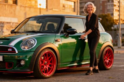Mini Cooper personnalisée de couleur british racing green avec jantes rouges brillantes et conductrice souriante