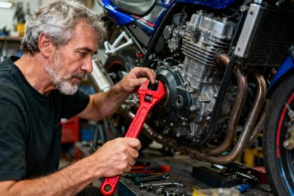 Mécanicien chevronné de 50 ans réglant un moteur de moto rouge dans un atelier équipé d'outils professionnels