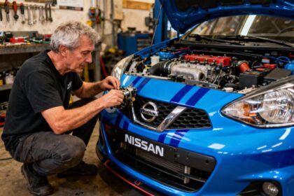 Nissan Micra bleu avec rayures de course dans un garage, mécanicien inspectant le moteur