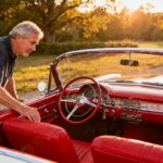 Packard Panther concept car rouge de 1954 avec intérieur en cuir rouge et détails chromés, admiré par un homme âgé
