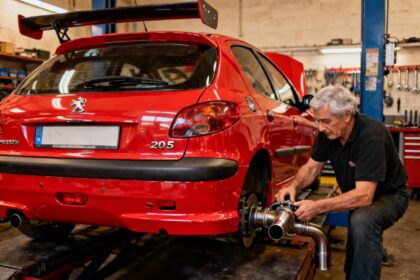 Peugeot 206 rouge avec modifications sportives dans un atelier, homme ajustant l'échappement sous éclairage chaud