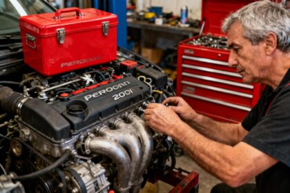 Homme européen de 50 ans effectuant le tuning du moteur d'une Peugeot 207 avec une boîte à outils rouge