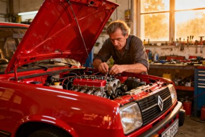 Mécanicien expert ajustant le moteur d'une Renault 5 tuning dans un garage équipé d'outils professionnels