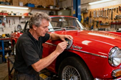 Triumph Spitfire Mk3 rouge en cours de restauration dans un atelier, mécanicien polissant les chromes