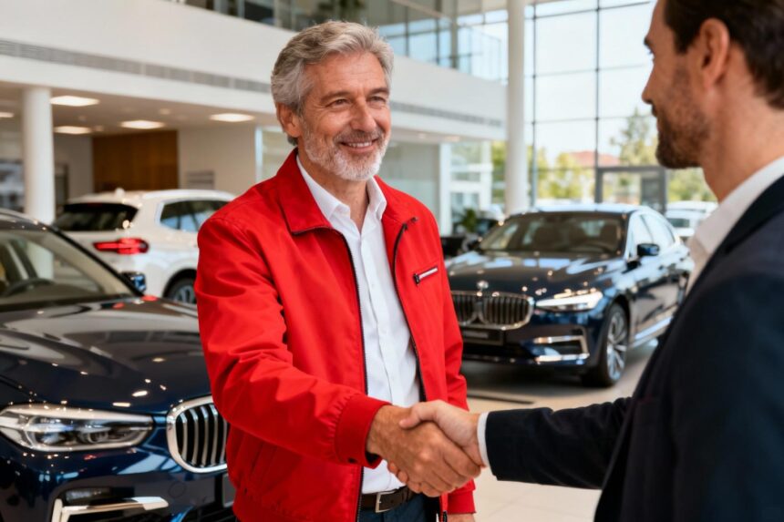 Vendeur automobile souriant vêtu d'une veste rouge serre la main d'un client dans un showroom de concession auto