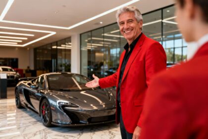 Vendeur automobile en veste rouge présentant une voiture de sport luxueuse dans un showroom moderne