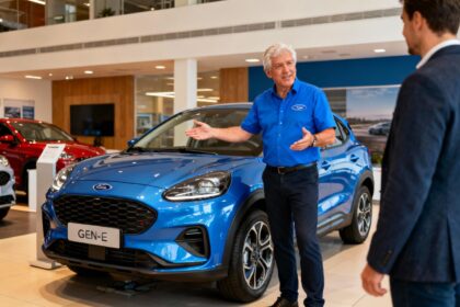 Vendeur professionnel de 55 ans en chemise bleue montre une Ford Puma Gen-E électrique dans un showroom moderne