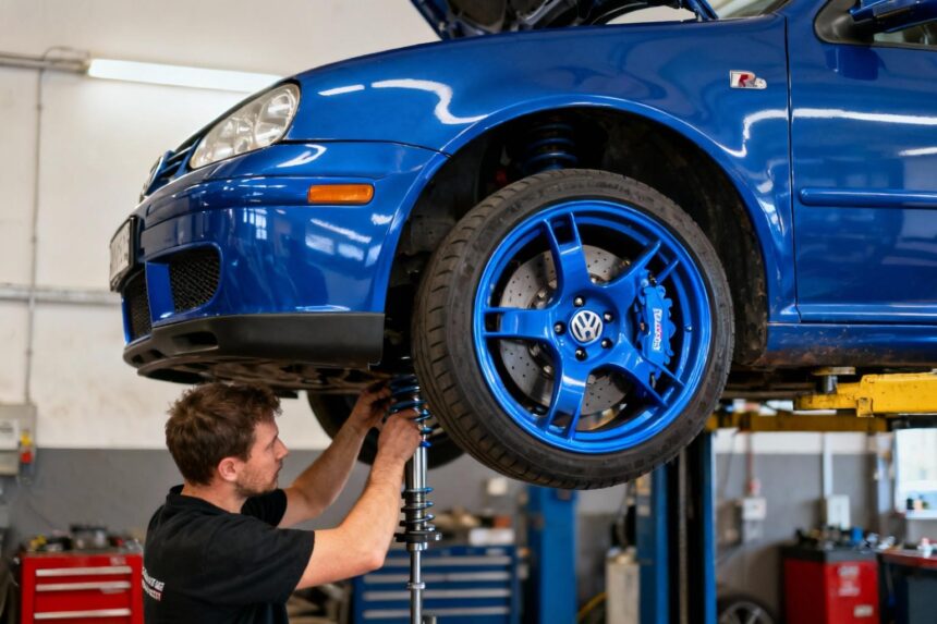 Volkswagen Golf 4 modifiée avec kit carrosserie R32 et jantes custom dans un atelier, mécanicien ajustant la suspension