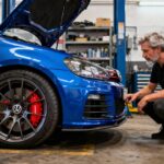 Volkswagen Golf GTI modifiée avec jantes custom et étriers de frein rouges dans un atelier de tuning
