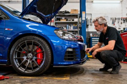 Volkswagen Golf GTI modifiée avec jantes custom et étriers de frein rouges dans un atelier de tuning