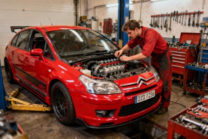 Mécanicien européen travaillant sur le moteur d'une Citroën C4 rouge modifiée dans un garage professionnel