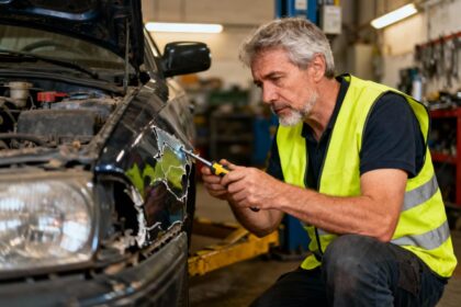 Expert automobile portant une veste jaune examine les dommages sur une voiture dans un atelier professionnel