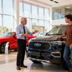 Vendeur âgé de 55 ans montrant un SUV Ford à un couple dans une concession, avec une Mustang rouge en arrière-plan