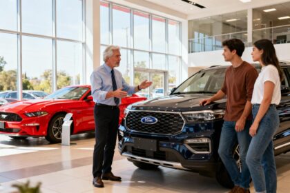 Vendeur âgé de 55 ans montrant un SUV Ford à un couple dans une concession, avec une Mustang rouge en arrière-plan