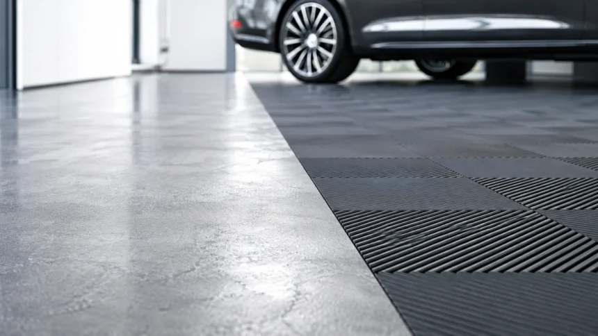 Comparaison entre sol en béton et dalles clipsables dans un garage automobile